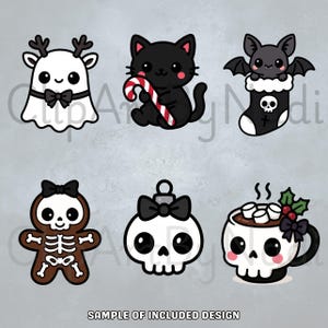 This Gothmas clipart sample page displays six cute gothic holiday illustrations including a ghost reindeer with a bow a black cat holding a candy cane a bat peeking from a skull stocking a skeleton gingerbread cookie a skull ornament with a bow and a skull mug of hot chocolate with marshmallows all shown on a soft gray textured background with gentle shadows.