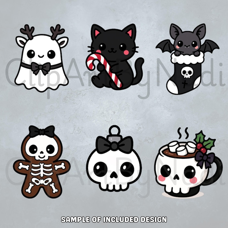 This Gothmas clipart sample page displays six cute gothic holiday illustrations including a ghost reindeer with a bow a black cat holding a candy cane a bat peeking from a skull stocking a skeleton gingerbread cookie a skull ornament with a bow and a skull mug of hot chocolate with marshmallows all shown on a soft gray textured background with gentle shadows.