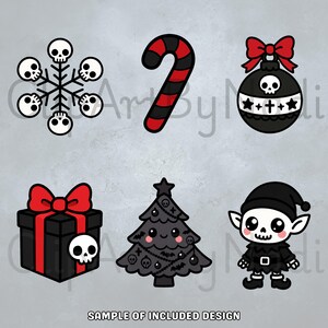This preview sheet presents six kawaii Gothmas clipart pieces including a skull snowflake a black and red candy cane a dark ornament with skull and bow a gothic gift box a black Christmas tree decorated with skulls and an adorable skeleton elf all arranged on a light concrete style background to highlight each illustration.
