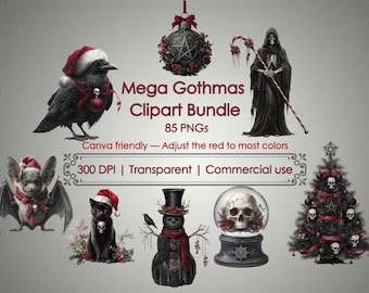 Gothmas Goth Christmas Clipart Bundle: Gothic Skulls, Ravens, Bats (PNG)