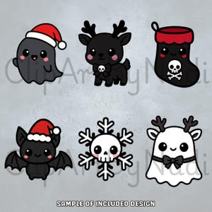 This sheet highlights six Gothmas holiday elements including a gray ghost with Santa hat a dark reindeer with skull bow a black stocking with white skull a happy bat in a Santa hat a skull snowflake and a white ghost reindeer all presented on a soft stone like surface to emphasize each kawaii gothic design.