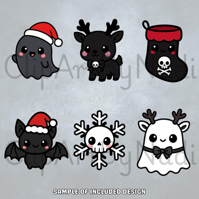 This sheet highlights six Gothmas holiday elements including a gray ghost with Santa hat a dark reindeer with skull bow a black stocking with white skull a happy bat in a Santa hat a skull snowflake and a white ghost reindeer all presented on a soft stone like surface to emphasize each kawaii gothic design.