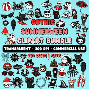 May include: A digital collection of Gothic Summerween clipart featuring various black and white illustrations of ghosts, skeletons, bats, and cats with summer items like surfboards, beach balls, and tropical drinks, with the text Gothic Summerween Clipart Bundle.