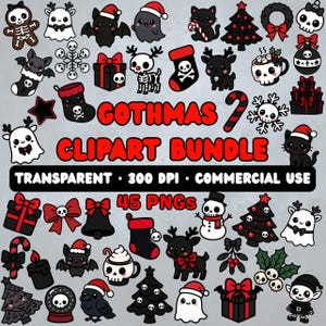 Puede incluir: Una colección de 45 imágenes prediseñadas PNG de Navidad con temática gótica. Las imágenes incluyen murciélagos, fantasmas, gatos, renos, árboles de Navidad y calaveras, todo en estilo de dibujos animados. El texto "Gothmas 2 Clipart Bundle" se muestra en rojo.