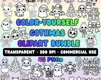 Gothmas Emo Christmas Santa Clipart PNG Bundle Color Yourself Line Art Digital Coloring bundle
