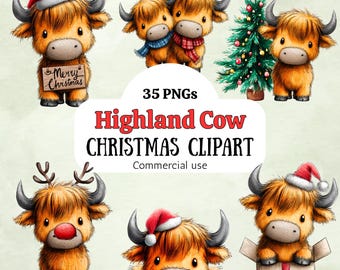 Highland Cow Christmas Clipart Bundle: Watercolor Winter Animals (PNG Download)