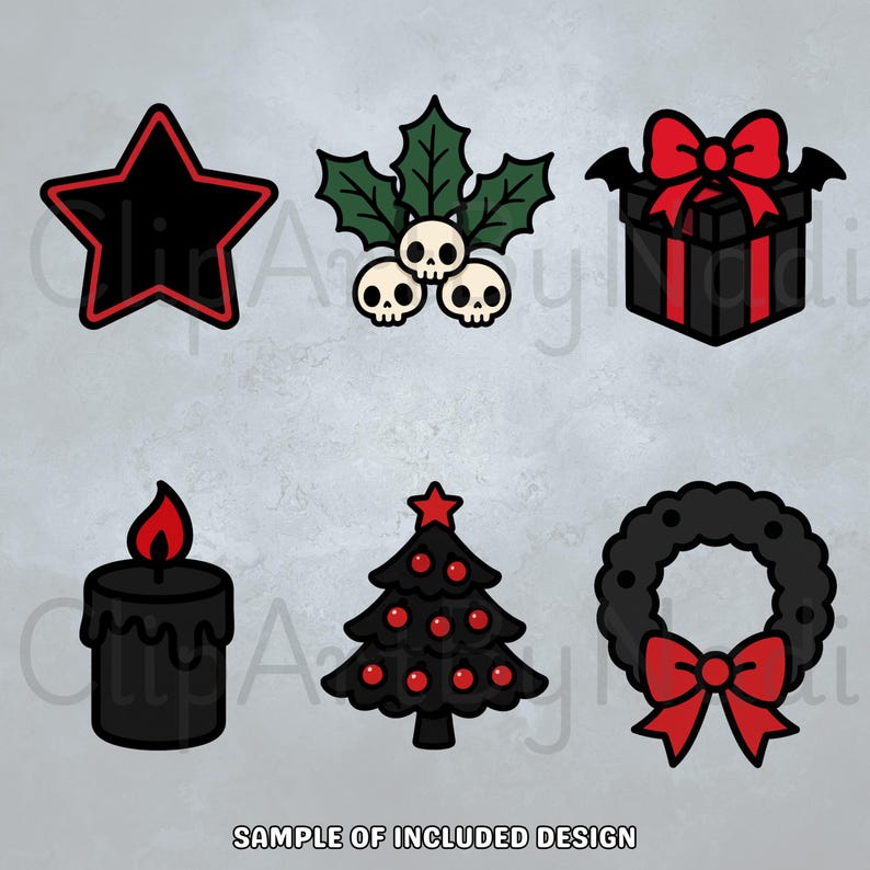 This Gothmas preview features six gothic holiday elements including a black star outlined in red holly leaves with skull berries a dark gift box with bat wings a black candle with red flame a black Christmas tree with red ornaments and a dark wreath with a red bow all illustrated in a cute spooky style on a soft textured backdrop.