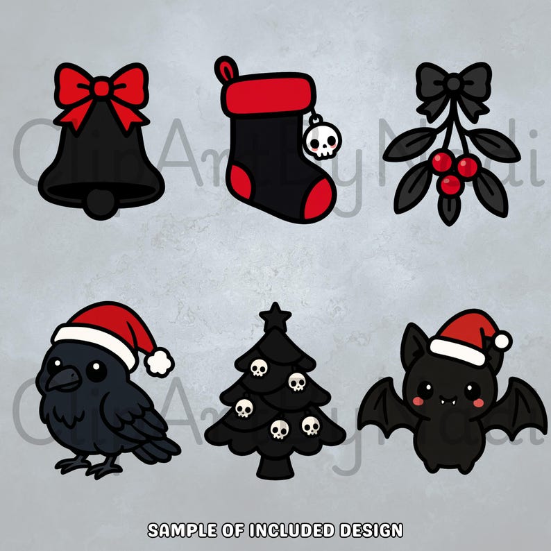 This preview includes six gothic Christmas illustrations featuring a black bell with red bow a black stocking with skull charm gothic holly with dark leaves a crow wearing a Santa hat a skull decorated Christmas tree and a bat in a Santa hat all created in a cute spooky kawaii style on a light gray backdrop.