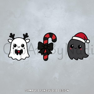 This preview displays three Gothmas clipart designs featuring a white ghost reindeer with a red nose a black and red candy cane tied with a bow and a gray ghost wearing a Santa hat all in a cute spooky aesthetic arranged on a light textured background.