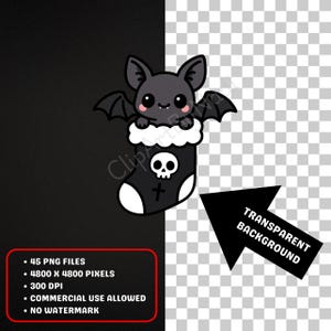 This final preview highlights a bat peeking from a black stocking with a skull design next to text describing the bundle details including forty five PNG files high resolution transparent backgrounds and commercial use rights all set against a split black and gray checkered background demonstrating transparency.