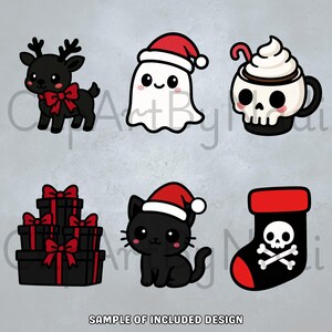 This Gothmas sample page showcases a cute black reindeer with red bow a ghost wearing a Santa hat a skull mug of cocoa with whipped cream a stack of black gifts with red bows a black cat in a Santa hat and a stocking decorated with a skull and crossbones shown against a clean textured background.