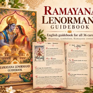 May include: A Ramayana Lenormand guidebook with a cover featuring Rama and Sita, alongside two open pages detailing card meanings. The text reads Ramayana Lenormand Guidebook, English guidebook for all 36 cards, and Academy of Personal Transformation Galatea.