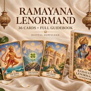 May include: A Ramayana Lenormand deck featuring 36 cards and a guidebook. Three cards are displayed: The Rider with Hanuman, The Clover with Sanjeevani grass, and The House with Ayodhya Palace. The box cover shows Rama and Sita.