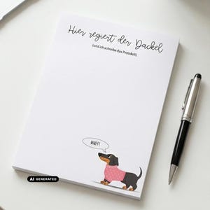 Könnte beinhalten: Ein weißer Notizblock mit dem deutschen Text "Hier regiert der Dackel (und ich schreibe das Protokoll)" im oberen Bereich und einer Illustration eines schwarz-braunen Dackels in einem rosa Pullover mit einer Sprechblase "WUFF!" unten.