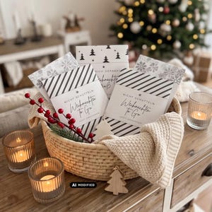 Könnte beinhalten: Ein geflochtener Korb mit zwei weißen rechteckigen Karten mit schwarzen diagonalen Streifen und dem Text "NICHT SCHUTTELN Weihnachten To Go". Der Korb enthält einen roten Beerenzweig, einen kleinen Holzbaumschmuck und einen beigen Strickstoff.