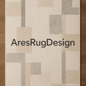 May include: A rectangular area rug with a geometric pattern in shades of beige, tan, and gray. The rug features a repeating design of squares and rectangles. The text "AresRugDesign" is printed in black across the center of the rug.