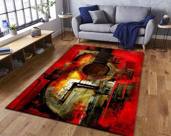Alfombra con arte abstracto de guitarra, alfombra roja inspirada en la música, decoración moderna de músicos, estampado artístico de guitarra audaz, tapiz musical colorido.