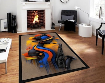 Abstract Jazz Musician Rug, Saxophone Art Area Rug, Modern Music Decor Carpet, Contemporary Artistic Rug