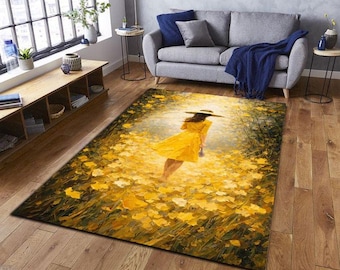 Autumn Woman Rug, Yellow Dress Art Carpet, Impressionist Fall Leaves Rug, Cozy Boho Home Decor, Artistic Area Rug