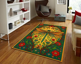 Alfombra de arte popular con diseño de libélula, estilo floral vintage, diseño bohemio con insectos, colorido estampado natural, estilo botánico retro.