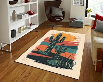 Alfombra retro de cactus, alfombra con atardecer en el desierto, estilo bohemio del suroeste, arte natural vintage, decoración de suelos en colores cálidos, alfombra rústica del oeste.