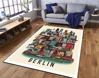 Alfombra de Berlín, alfombra con arquitectura colorida, alfombra con arte emblemático de Alemania, decoración de paisajes urbanos europeos, alfombra estilo mapa de viajes