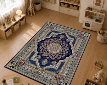 Persian Style Navy Blue Floral Rug, Vintage Oriental Carpet, Traditional Medallion Area Rug, Classic Iranian Design Home Decor