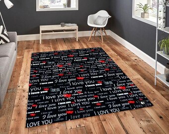 I Love You Text Rug, Black Romantic Typography Carpet, Red Heart Love Pattern Area Rug, Valentine Modern Home Decor