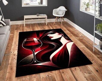 Art Deco Wine Lady Rug – Burgundy Red Aesthetic Carpet, Elegant Woman Silhouette, Luxury Modern Floor Decor, Wine Lover Gift Rug