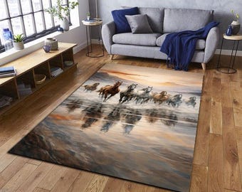 Colorful Running Horses Rug, Abstract Horse Art Carpet, Expressionist Oil Painting Style Area Rug, Modern Rustic Home Decor