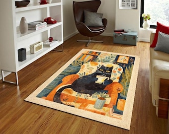 Black Cat Coffee Rug, Cozy Cat Art Area Rug, Cute Cat Illustration Carpet, Warm Home Decor, Modern Artistic Rug