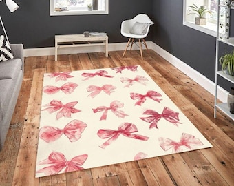 Alfombra con lazo rosa, bonito estampado de cintas, decoración estética para habitación de niña, suave alfombra con lazo pastel para dormitorio y habitación infantil.
