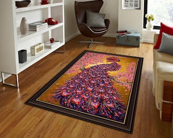 Peacock Rug, Gold Background Art Area Rug, Cherry Blossom Peacock Carpet, Luxury Oriental Decor, Statement Artistic Rug