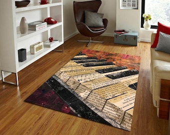 Alfombra vintage con collage de piano, alfombra con partituras, decoración musical retro, diseño abstracto de teclas de piano, alfombra artística para el hogar con músico.