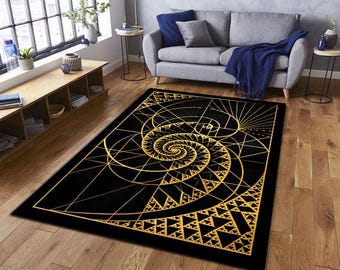 Alfombra dorada con espiral de Fibonacci: geometría sagrada negra y dorada, diseño de arte fractal, decoración matemática de lujo, elegante alfombra geométrica abstracta.