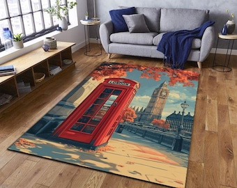 Alfombra con diseño de la ciudad de Londres, Big Ben, cabina telefónica roja, póster de viajes del Reino Unido, paisaje urbano británico para sala de estar y dormitorio.