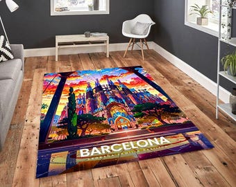 Alfombra Sagrada Familia de Barcelona, Alfombra con arte de viaje a España, Decoración urbana colorida, Alfombra con arquitectura de Gaudí, Alfombra europea vibrante