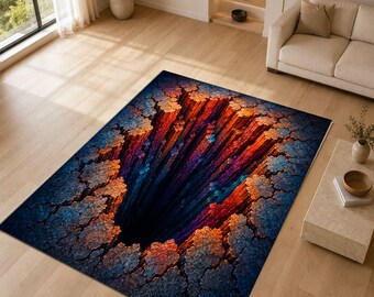 3D Deep Crack Rug, Abyss Illusion Area Rug, Colorful Canyon Carpet, Optical Depth Floor Rug, Modern Fantasy Decor
