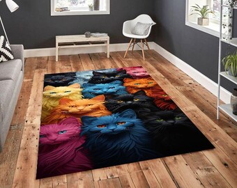 Alfombra colorida con diseño de gatos, alfombra con vibrantes y peludos gatos, adorable decoración con ilustración de gato multicolor, alfombra estética de gatitos.