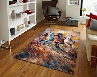 Colorful Running Horses Rug, Abstract Horse Art Carpet, Expressionist Oil Painting Style Area Rug, Modern Rustic Home Decor