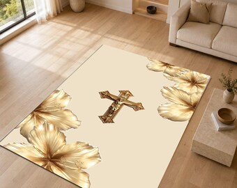 Christian Cross Rug, Gold Floral Area Rug, Religious Prayer Rug, Elegant Catholic Home Decor, Luxury Faith Inspired Living Room Carpet