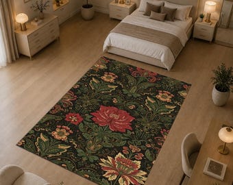 Vintage Botanical Persian Style Rug, Dark Floral Area Rug, Antique Oriental Carpet, Victorian Garden Design, Cottagecore Home Decor
