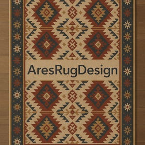 May include: Rectangular area rug with a geometric pattern in shades of beige, rust, and navy blue. The rug features a central design with diamond and zigzag motifs, framed by a border with floral and star-like elements. The text "AresRugDesign" is visible.