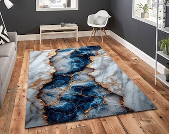 Blue marble rug, gold white abstract rug, luxury modern rug for living room, elegant home decor rug, aesthetic soft area rug