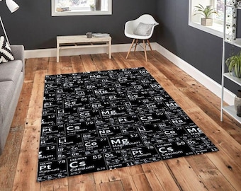 Periodic Table Rug – Black & White Chemistry Element Pattern Carpet, Science Classroom Decor, Nerd Study Room, STEM Inspired Home Rug