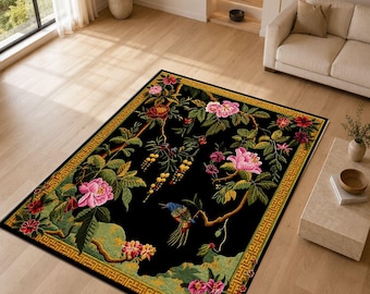 Black Chinoiserie Floral Rug, Vintage Chinese Garden Area Rug, Oriental Bird Carpet, Luxury Botanical Rug, Elegant Home Decor Rug