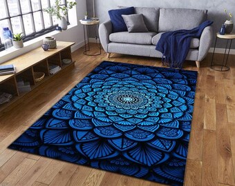 Blue Mandala Rug, Boho Geometric Carpet, Custom Print