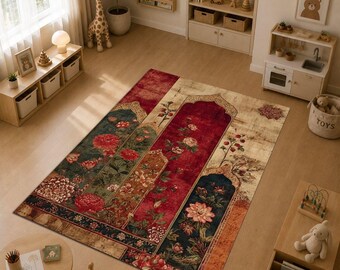 Vintage Persian Floral Rug, Ottoman Garden Carpet, Boho Oriental Area Rug, Antique Style Flower Rug, Turkish Decor Rug