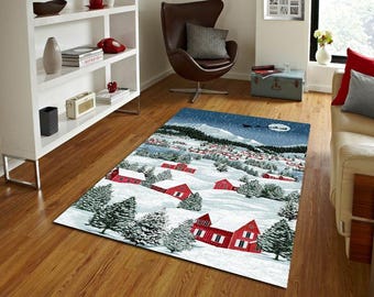 Alfombra de pueblo invernal, alfombra con paisaje nevado de cabaña roja, decoración navideña con trineo de Papá Noel, acogedora alfombra de arte escandinavo para las fiestas.