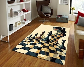 Alfombra con diseño de reina de ajedrez, tablero de ajedrez abstracto, decoración de estrategia moderna, diseño surrealista de piezas de ajedrez.